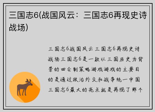 三国志6(战国风云:三国志6再现史诗战场)