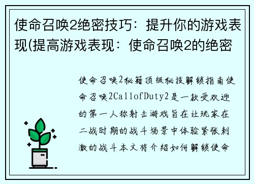 使命召唤2绝密技巧:提升你的游戏表现(提高游戏表现:使命召唤2的绝密技巧)
